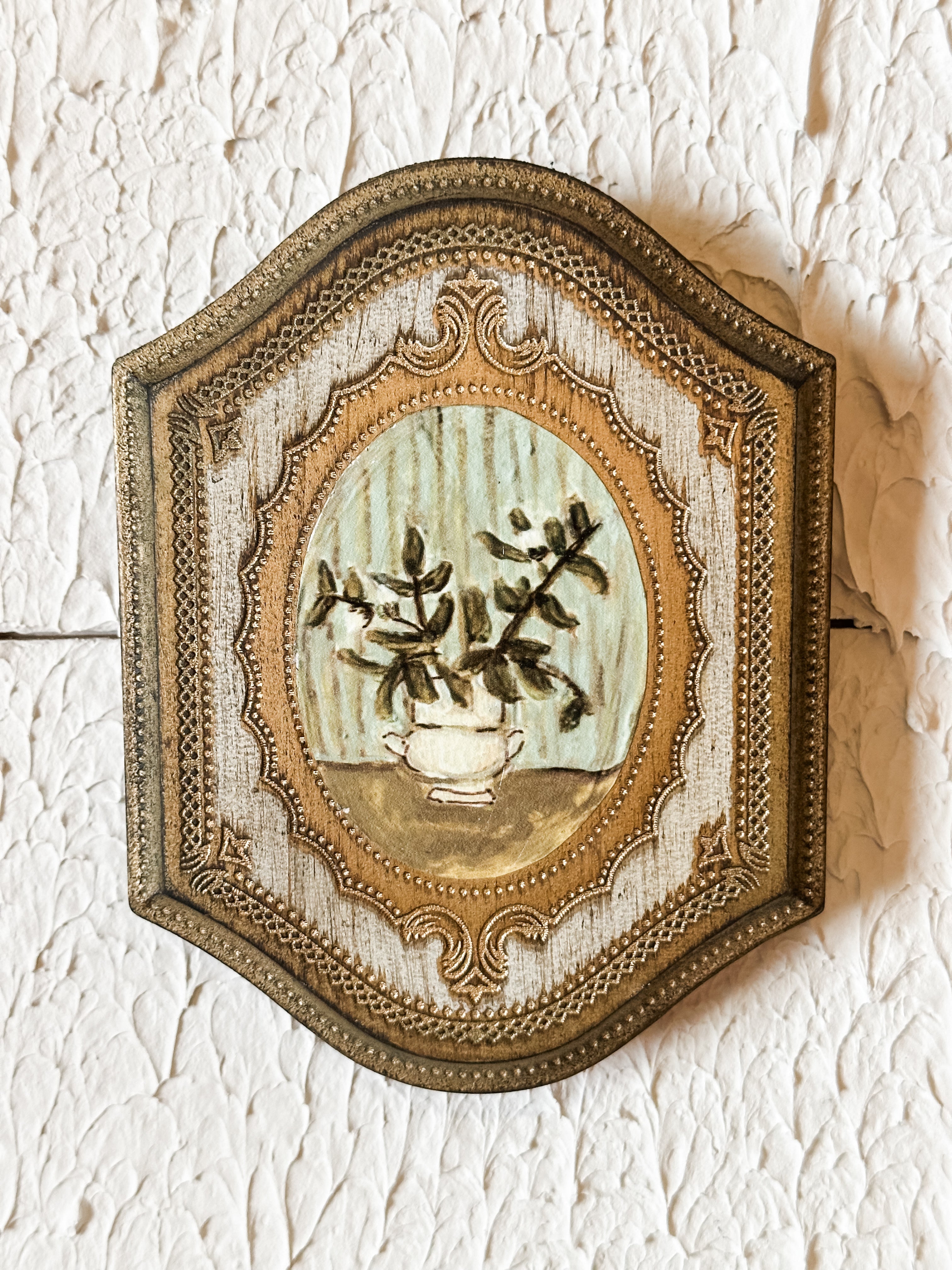 Wall Décor With Flowers in Vase, Antique Gold Finish