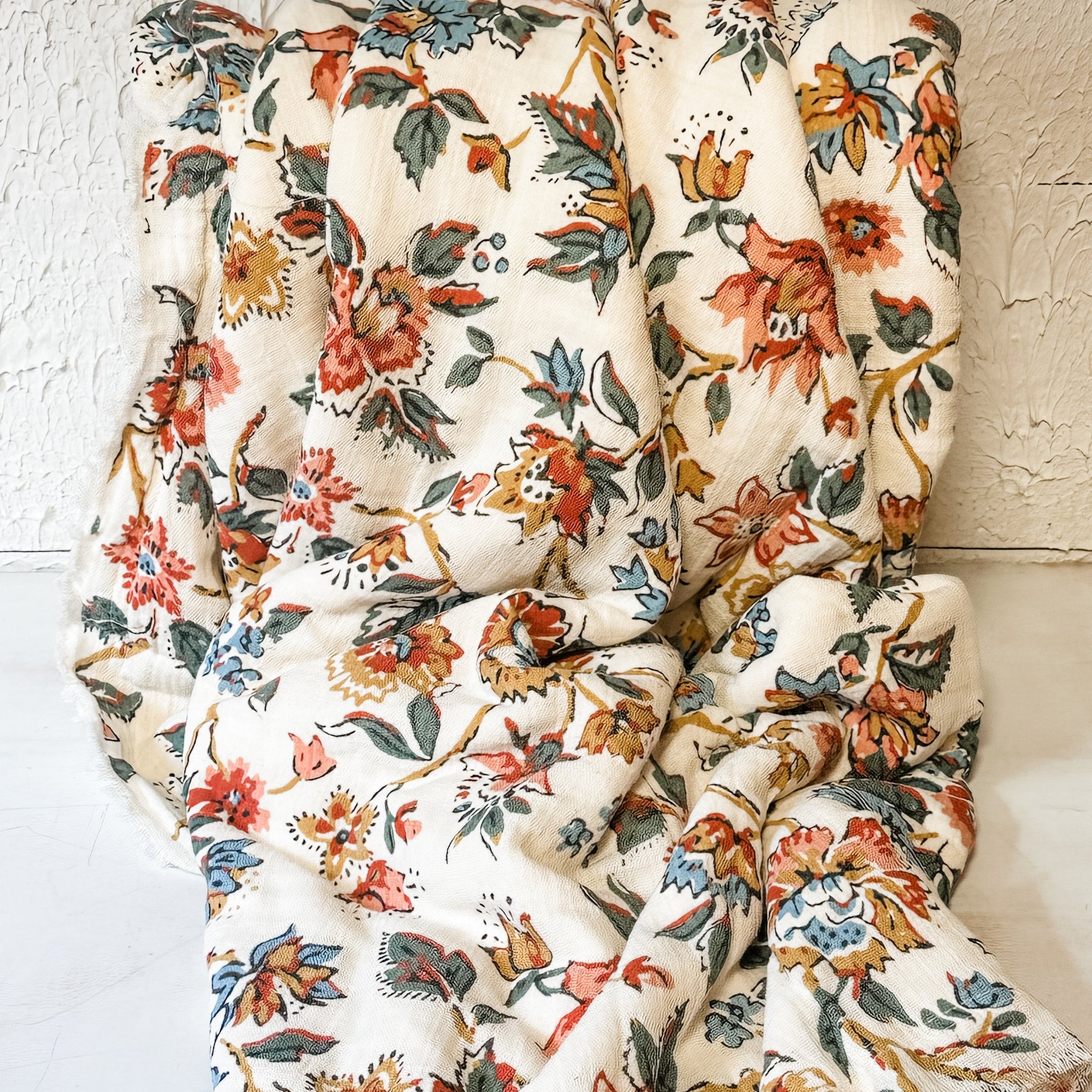 Woven Cotton Printed Throw with Sherpa Back, Flower Pattern & Fringe